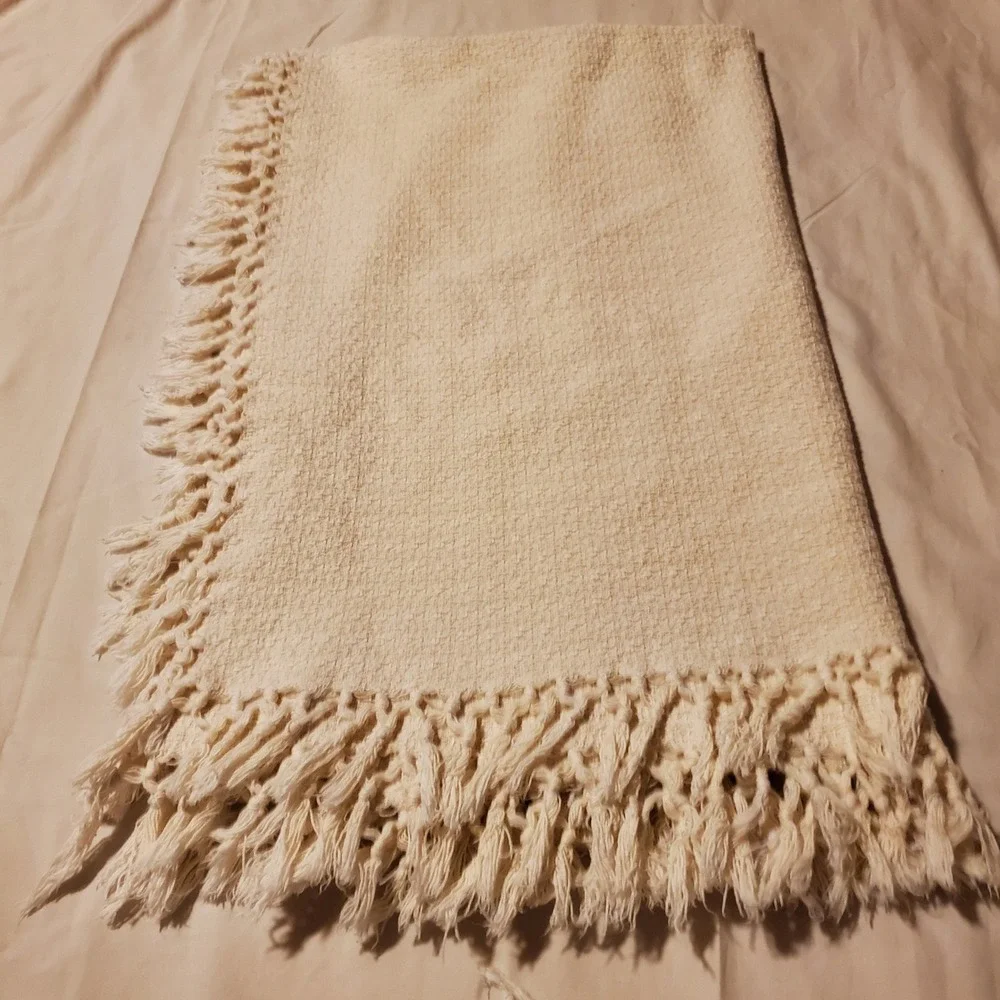 Woven Cream Cotton Throw Blanket with Knotted Fringe Macrame Boho 48x60 India